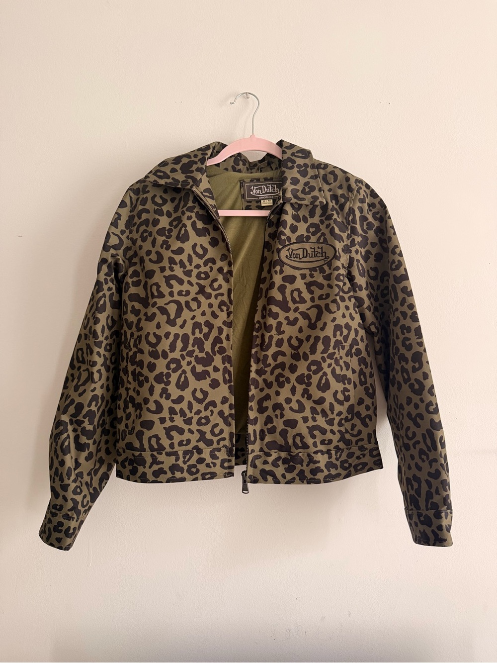 Von Dutch Olive Leopard Print Bomber Jacket